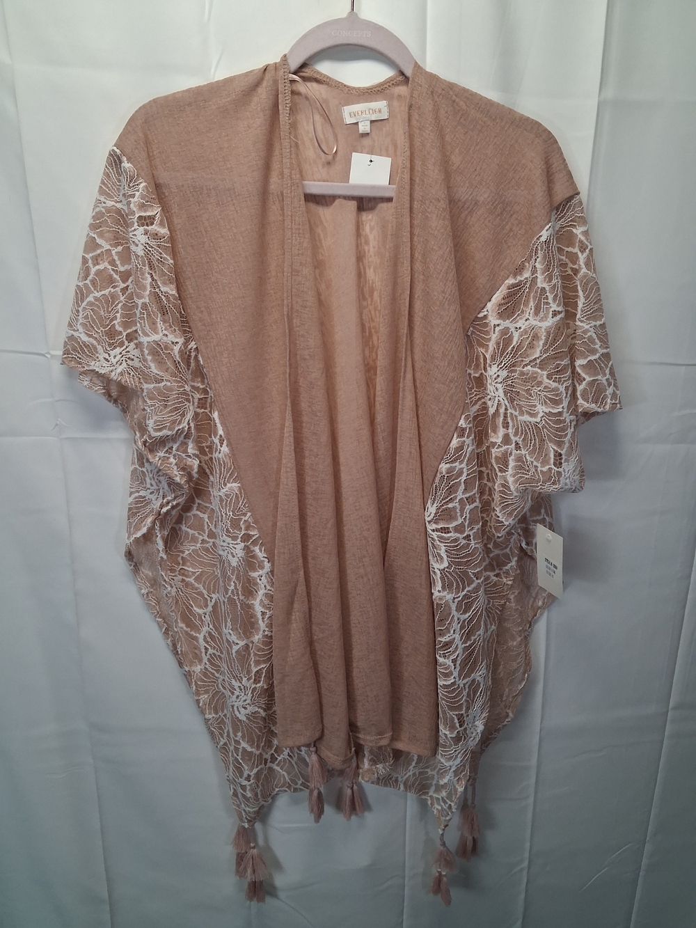 everleigh Tan Lace-Trim Kimono with Tassels